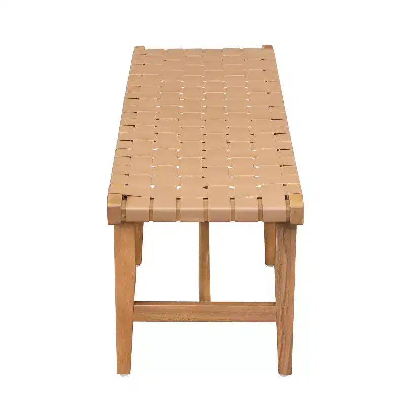 Contemporary Acacia Wood Bedroom Bench with Woven Faux Leather