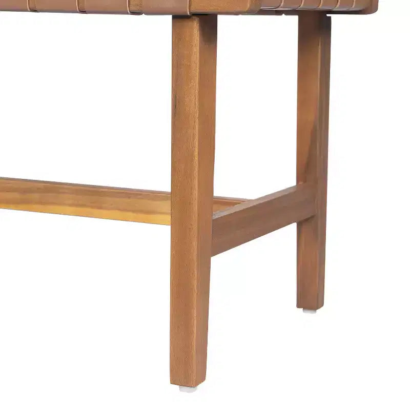 Contemporary Acacia Wood Bedroom Bench with Woven Faux Leather
