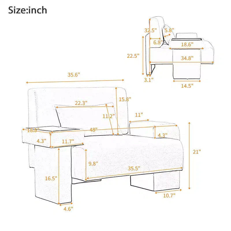 Poltrona divano decorativa extra large larga 48''W, con cuscino e vassoio in legno integrato, comoda e moderna