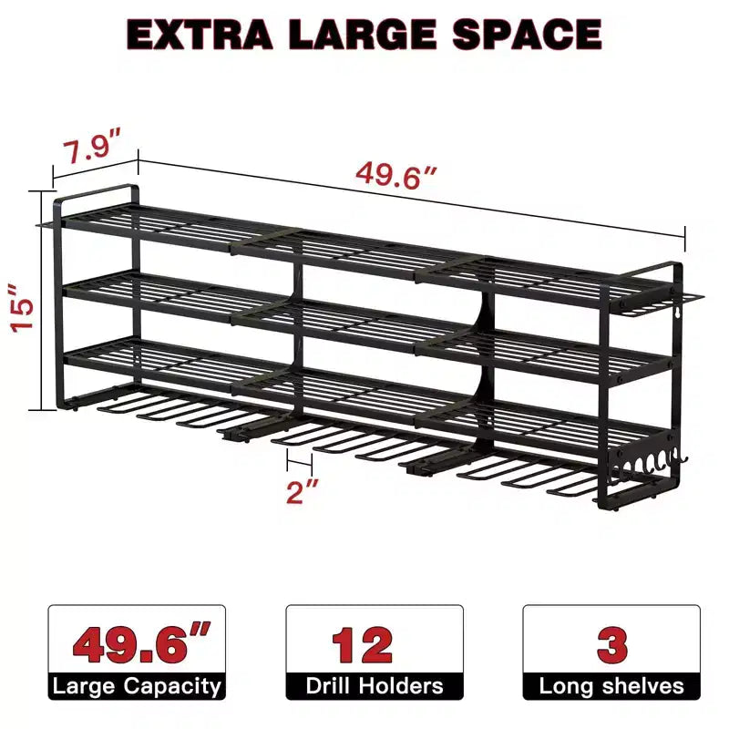Organizer grande a 4 ripiani per utensili elettrici - supporto per 12 trapani, scaffale da officina