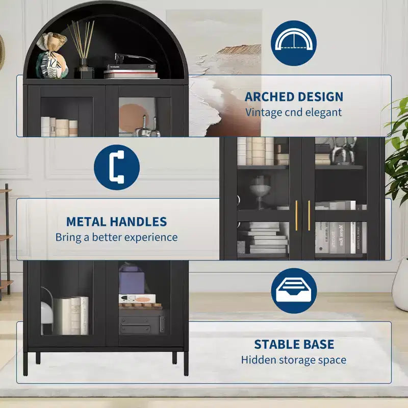 Dispensa ad arco alta 73, versatile credenza con anta in vetro e 2 ripiani regolabili, libreria ad arco moderna in stile rustico