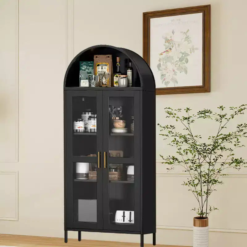 Dispensa ad arco alta 73, versatile credenza con anta in vetro e 2 ripiani regolabili, libreria ad arco moderna in stile rustico