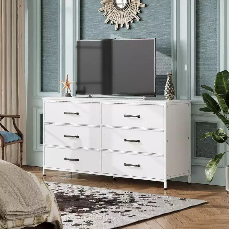 Cassettiera larga in tessuto con 6 cassetti e mobile TV, grande unità contenitore a torre con cassetti in tessuto per camera da letto, armadio e corridoio