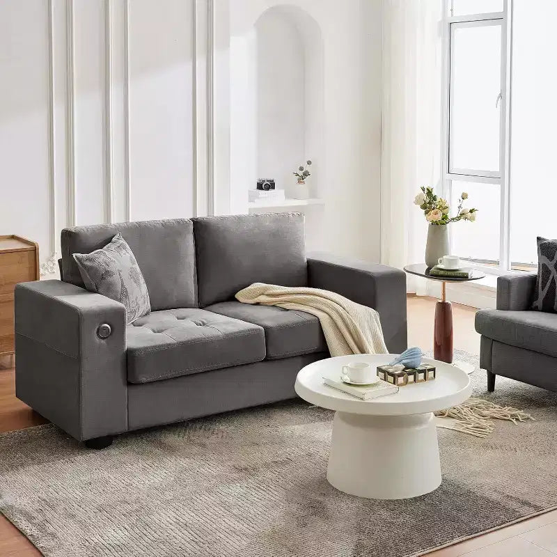 70 Chenille Loveseat Sofa with USB Charging  Modern Sectional w/Storage Pockets &amp; Removable Cover for Living Room, Apartment