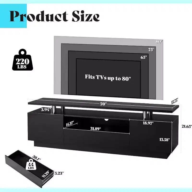 Mobile TV da 70 con finitura lucida e luci LED, armadietto contenitore e ripiano, adatto a TV da 80