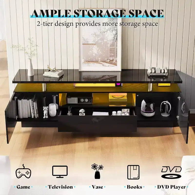 Mobile TV da 70 con finitura lucida e luci LED, armadietto contenitore e ripiano, adatto a TV da 80