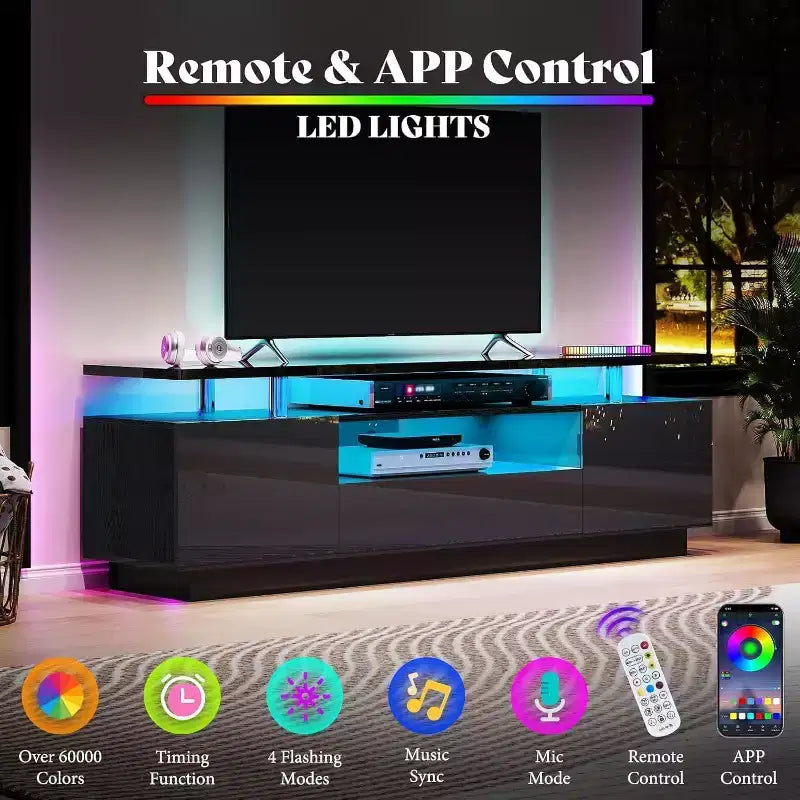 Mobile TV da 70 con finitura lucida e luci LED, armadietto contenitore e ripiano, adatto a TV da 80