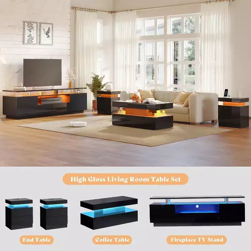 Mobile TV da 70 con finitura lucida e luci LED, armadietto contenitore e ripiano, adatto a TV da 80