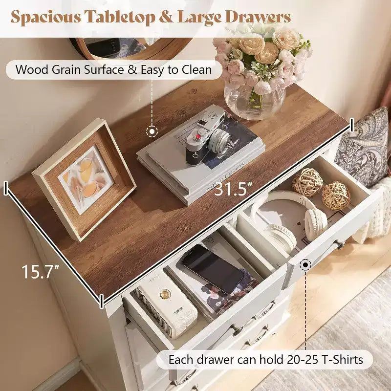 Drawer Dresser, Farmhouse Chest of Drawers with Vintage Metal Handle