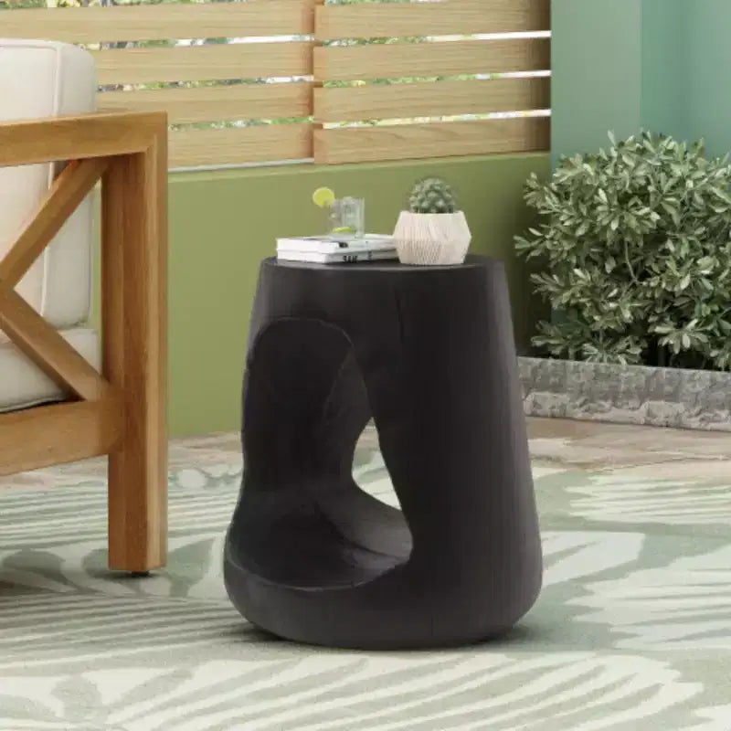 Hollow Side Table with Wooden Texture in Black Hue