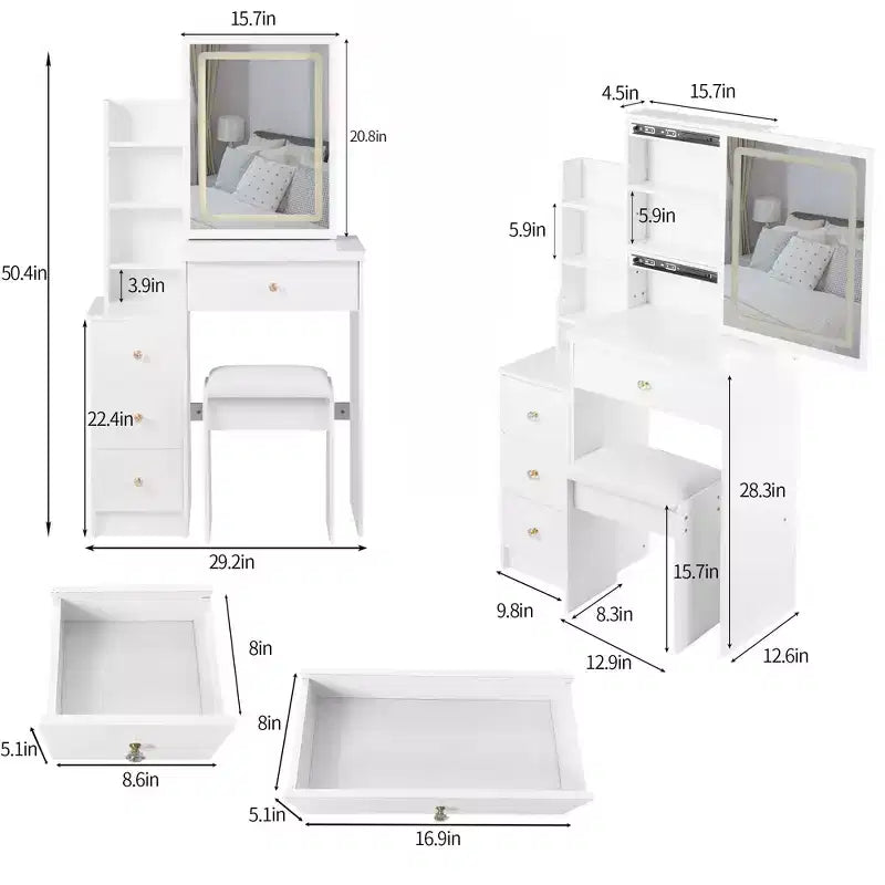 Vanity Table and Chair Set, 29.2 Small Left Bedside Cabinet Vanity Table with Extra Large Touch Control Sliding LED Mirror, White