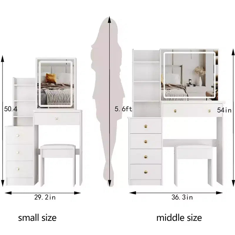 Vanity Table and Chair Set, 29.2 Small Left Bedside Cabinet Vanity Table with Extra Large Touch Control Sliding LED Mirror, White