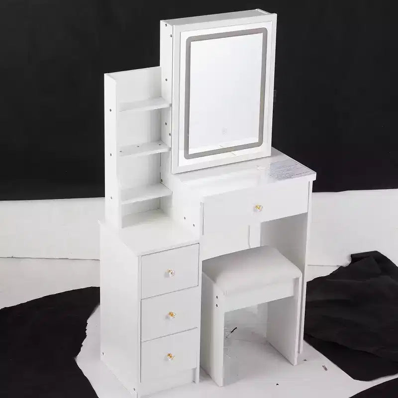 Vanity Table and Chair Set, 29.2 Small Left Bedside Cabinet Vanity Table with Extra Large Touch Control Sliding LED Mirror, White