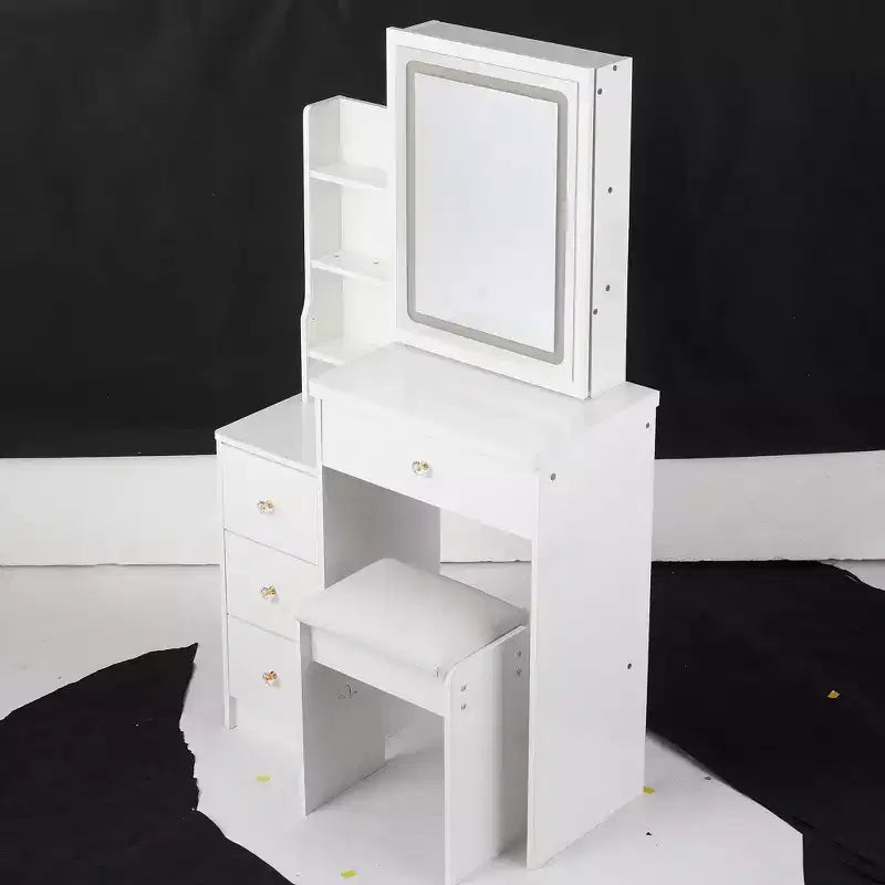 Vanity Table and Chair Set, 29.2 Small Left Bedside Cabinet Vanity Table with Extra Large Touch Control Sliding LED Mirror, White