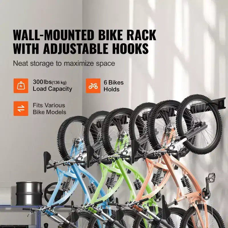 Portabici da parete con 6 supporti per bici e 3 ganci per caschi, organizer per casa e garage