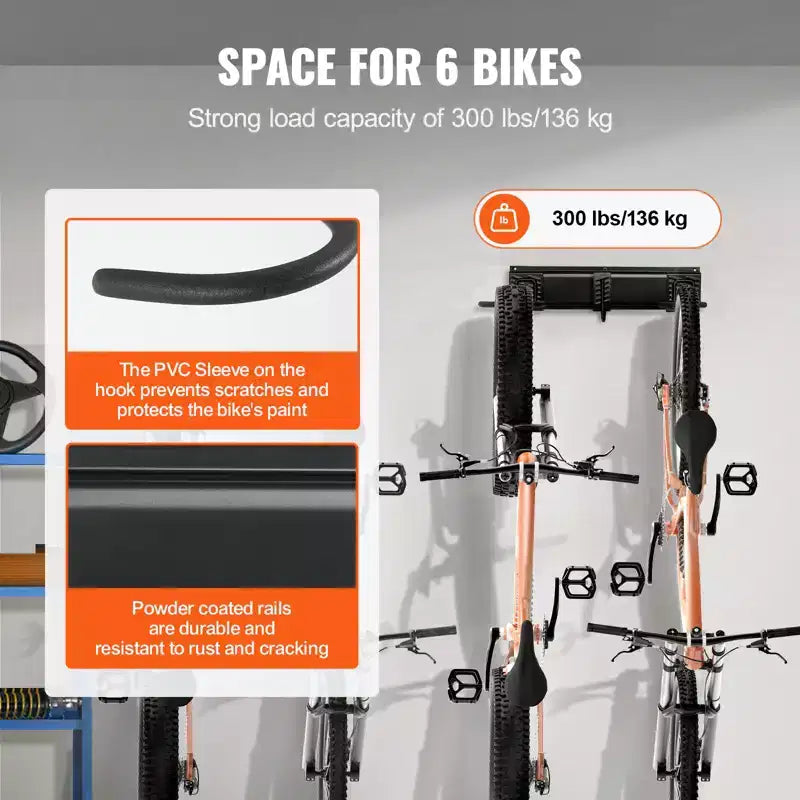 Portabici da parete con 6 supporti per bici e 3 ganci per caschi, organizer per casa e garage