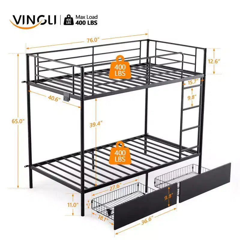 Black Metal Twin Over Twin Bunk Bed with 2 Drawers and Charging Station