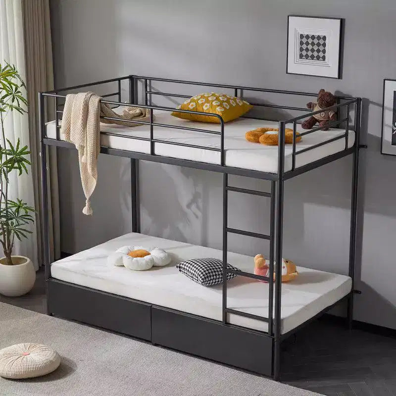 Black Metal Twin Over Twin Bunk Bed with 2 Drawers and Charging Station