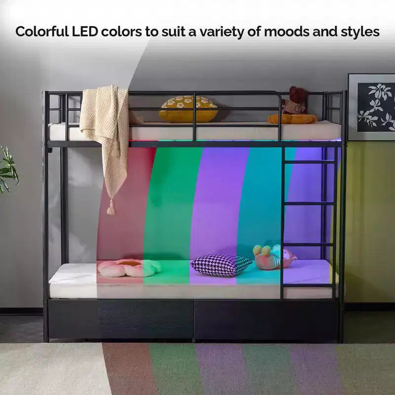 Black Metal Twin Over Twin Bunk Bed with 2 Drawers and Charging Station
