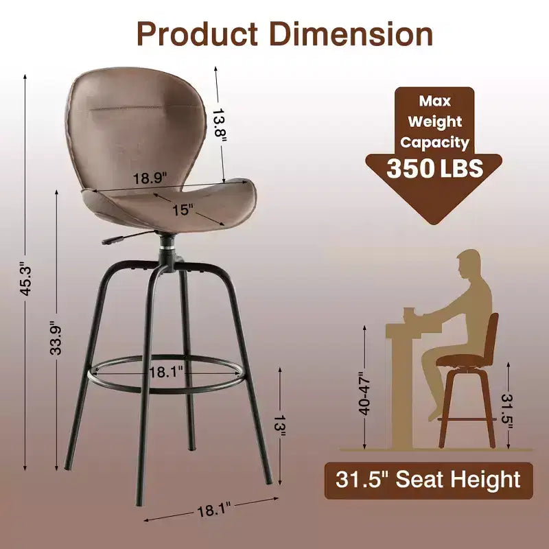 Bar Stool Faux Leather Counter Height Barstool with Metal Legs and Footrest, Brown