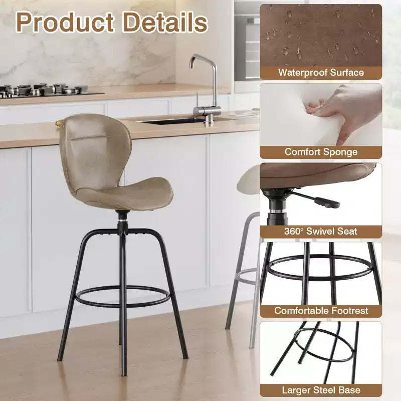 Bar Stool Faux Leather Counter Height Barstool with Metal Legs and Footrest, Brown