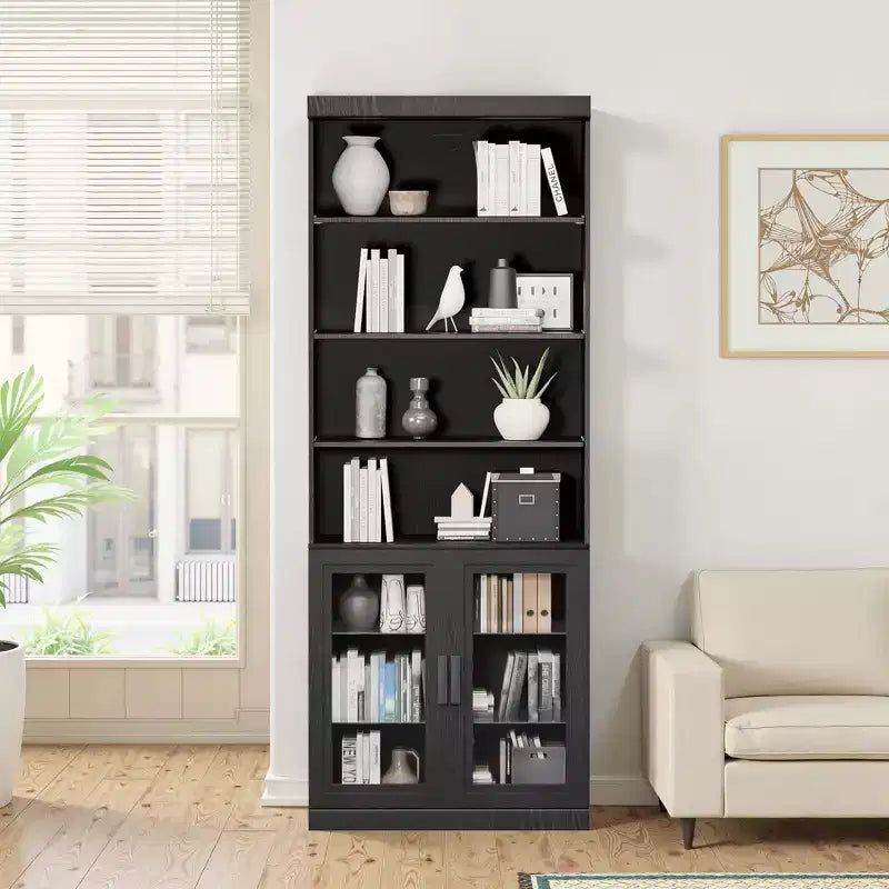 Credenza decorativa in legno nera da 80x31x16, con ripiani regolabili e ante in vetro, per cucina, camera da letto e soggiorno/sala da pranzo