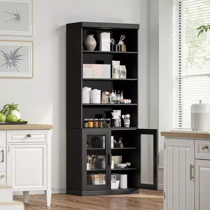 Credenza decorativa in legno nera da 80x31x16, con ripiani regolabili e ante in vetro, per cucina, camera da letto e soggiorno/sala da pranzo