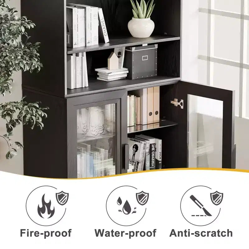 Credenza decorativa in legno nera da 80x31x16, con ripiani regolabili e ante in vetro, per cucina, camera da letto e soggiorno/sala da pranzo