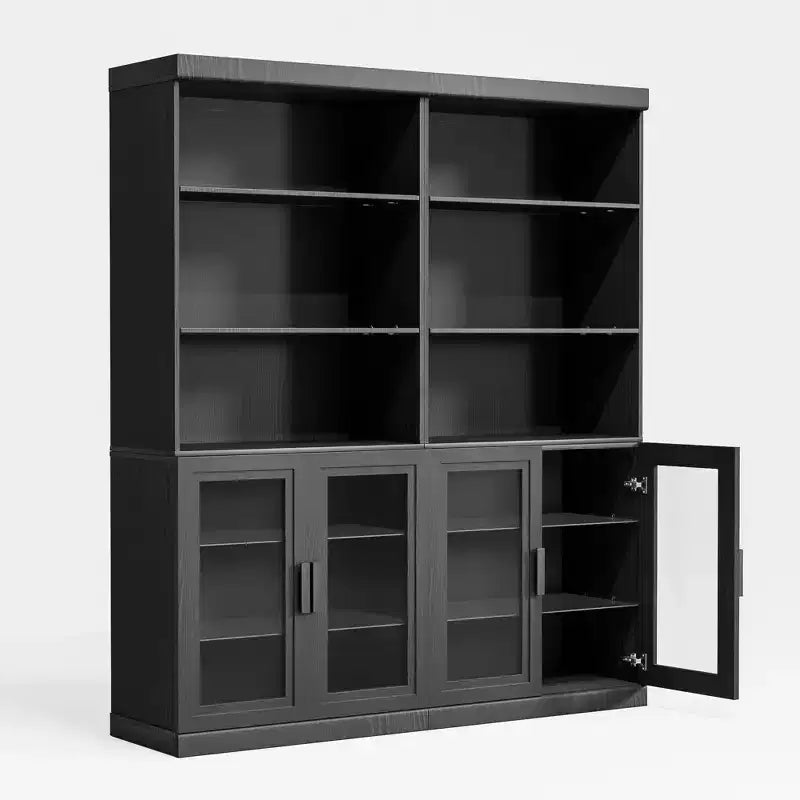 Credenza decorativa in legno nera da 80x31x16, con ripiani regolabili e ante in vetro, per cucina, camera da letto e soggiorno/sala da pranzo