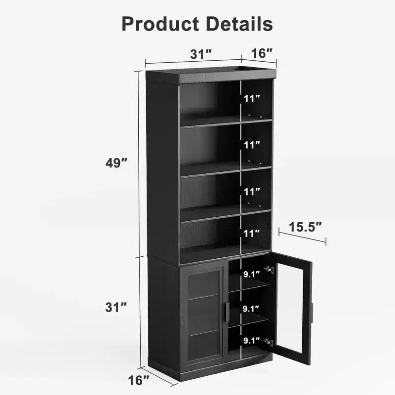 Credenza decorativa in legno nera da 80x31x16, con ripiani regolabili e ante in vetro, per cucina, camera da letto e soggiorno/sala da pranzo
