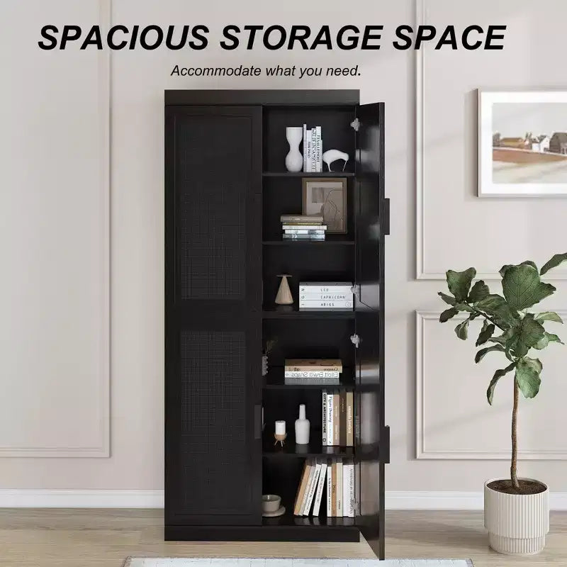 72x62x16 Wood Grain Buffet Cabinet in Black, Storage Organizer with Adjustable Shelves and Rattan Doors for Kitchen Bedroom Entryway Living Room