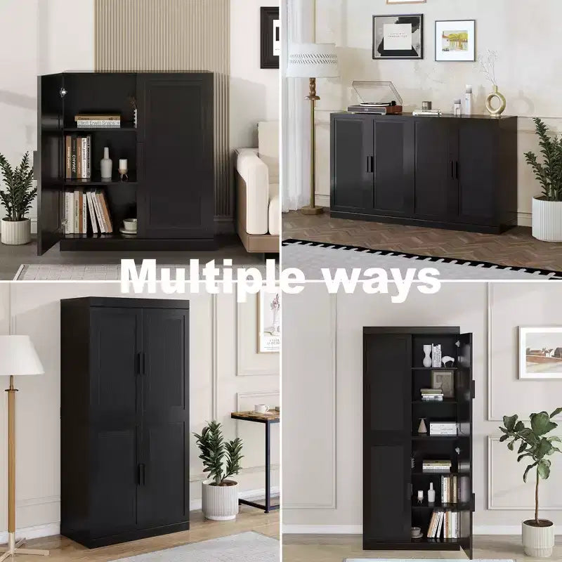 Credenza in legno effetto venatura nera 72x62x16, mobile organizer con ripiani regolabili e ante in rattan per cucina, camera da letto, ingresso e soggiorno