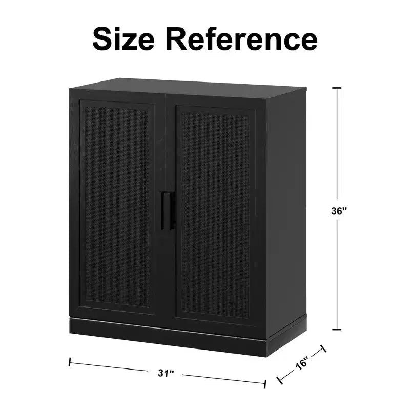 72x62x16 Wood Grain Buffet Cabinet in Black, Storage Organizer with Adjustable Shelves and Rattan Doors for Kitchen Bedroom Entryway Living Room