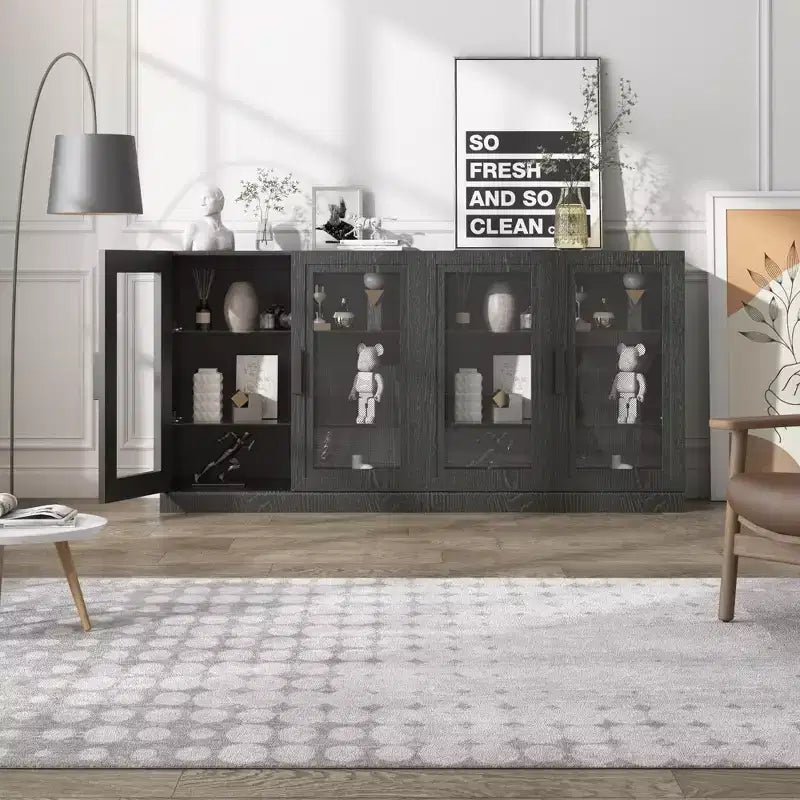 Wood Accent Cabinet in Black, Storage Organizer with Adjustable Shelves and Glass Doors for Kitchen Bedroom Living/Dinning Room