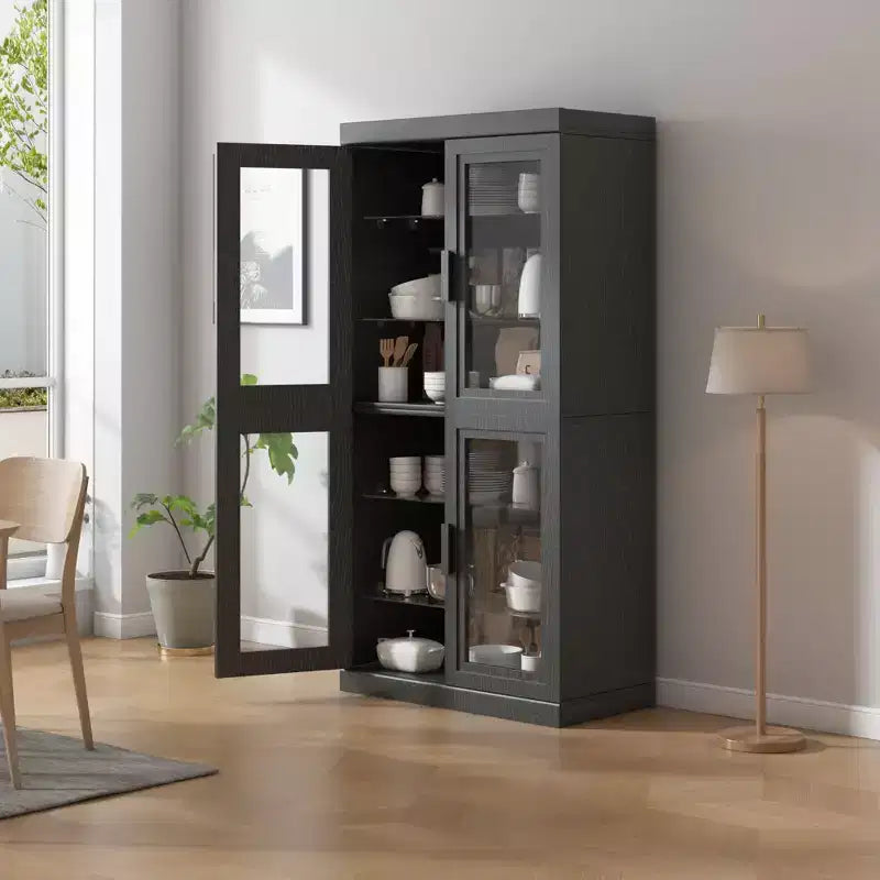 Wood Accent Cabinet in Black, Storage Organizer with Adjustable Shelves and Glass Doors for Kitchen Bedroom Living/Dinning Room