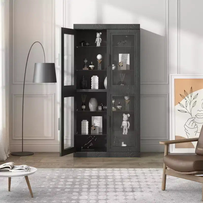 Wood Accent Cabinet in Black, Storage Organizer with Adjustable Shelves and Glass Doors for Kitchen Bedroom Living/Dinning Room