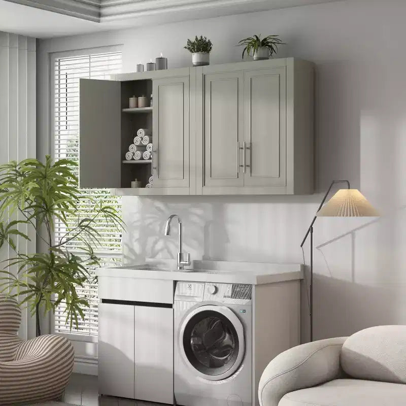 Mobiletto da parete per bagno e cucina, armadietto dei medicinali sopra il WC, mobiletto per lavanderia con ante e ripiani contenitori, grigio