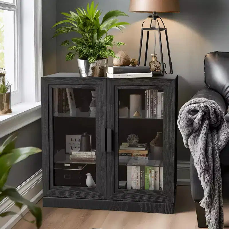 [31-inch | Transparent Design]Black Wood Grain Glass Door Display Cabinet (Ideal for Bedroom/Living Room)