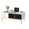Whizmax Faux Marble Coffee Table - Modern Living Room Table with 4 Drawers &amp; Glass Doors, Fluted Panel Design