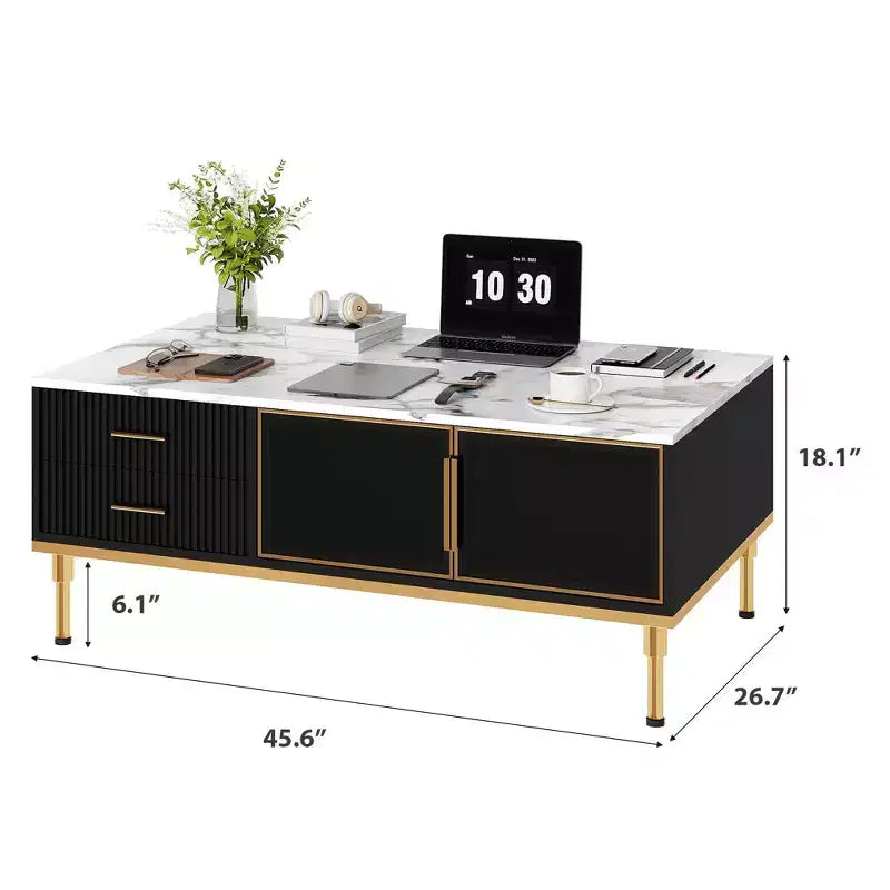 Faux Marble Coffee Table - Modern Living Room Table with 4 Drawers &amp; Glass Doors, Fluted Panel Design
