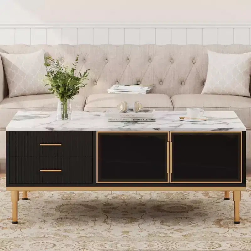 Faux Marble Coffee Table - Modern Living Room Table with 4 Drawers &amp; Glass Doors, Fluted Panel Design