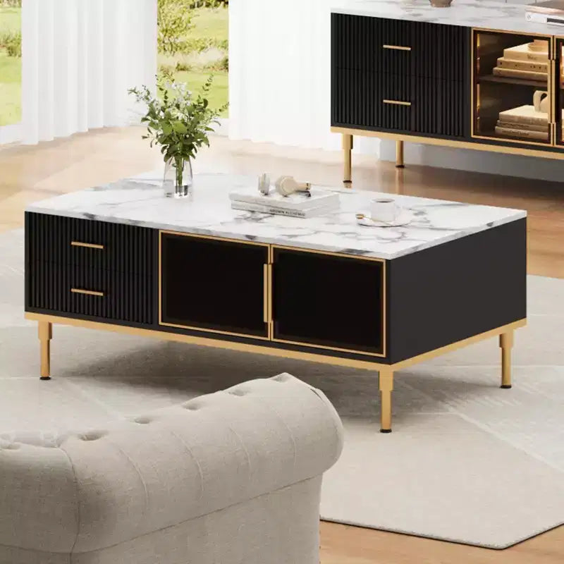 Faux Marble Coffee Table - Modern Living Room Table with 4 Drawers &amp; Glass Doors, Fluted Panel Design