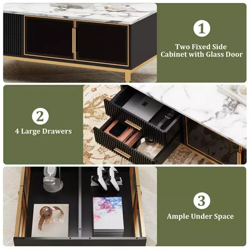 Faux Marble Coffee Table - Modern Living Room Table with 4 Drawers &amp; Glass Doors, Fluted Panel Design
