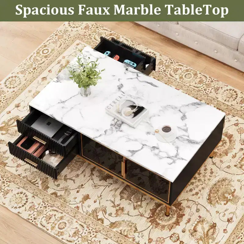 Faux Marble Coffee Table - Modern Living Room Table with 4 Drawers &amp; Glass Doors, Fluted Panel Design