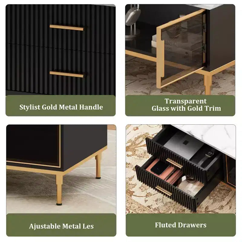 Faux Marble Coffee Table - Modern Living Room Table with 4 Drawers &amp; Glass Doors, Fluted Panel Design