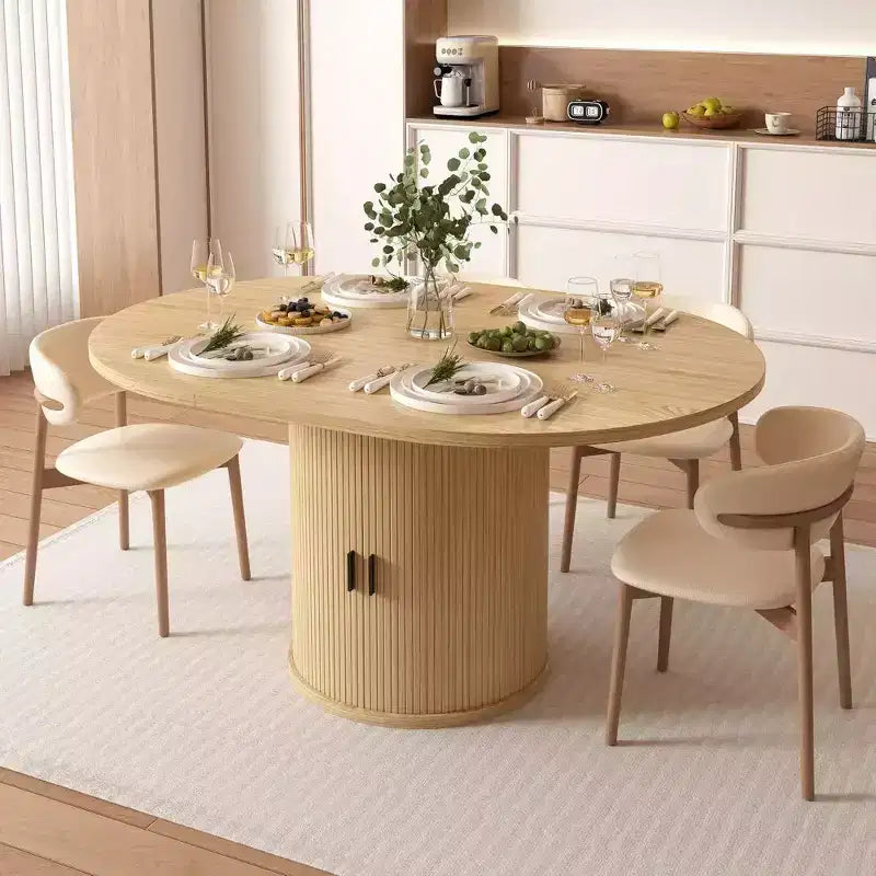 63 Extendable Round Kitchen Dining Room Table with 2-Tier Storage Shelf, with Pedestal Base, Wood Oval Circle Dinner Furniture, Walnut