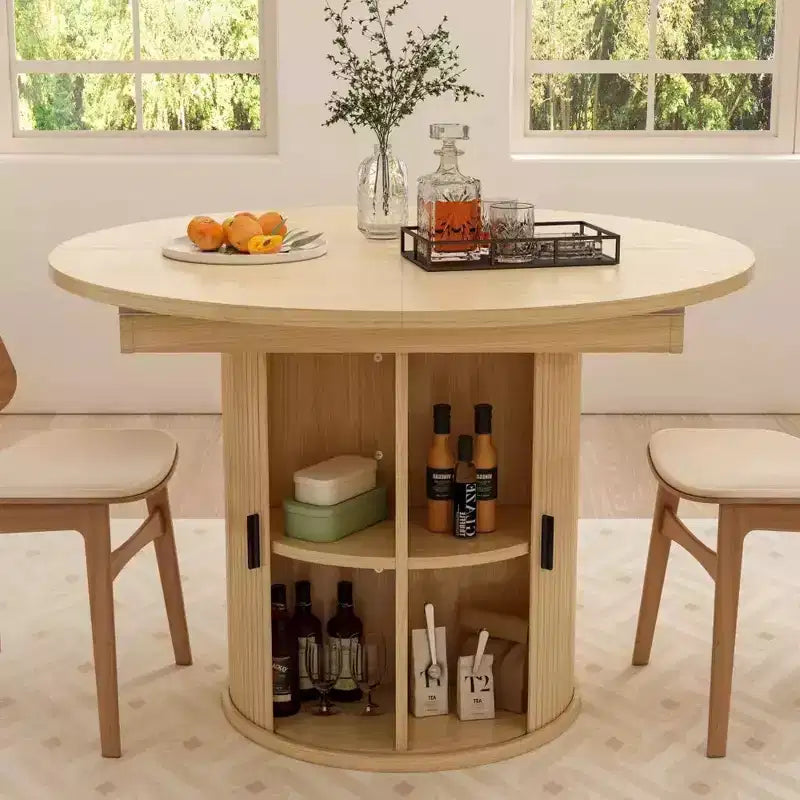 63 Extendable Round Kitchen Dining Room Table with 2-Tier Storage Shelf, with Pedestal Base, Wood Oval Circle Dinner Furniture, Walnut
