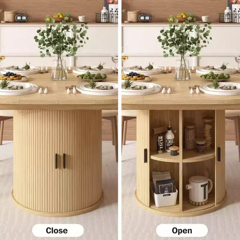 Tavolo allungabile rotondo da cucina e sala da pranzo da 63 con ripiano contenitore a 2 livelli e base a piedistallo, mobile da pranzo ovale e circolare in legno, color noce