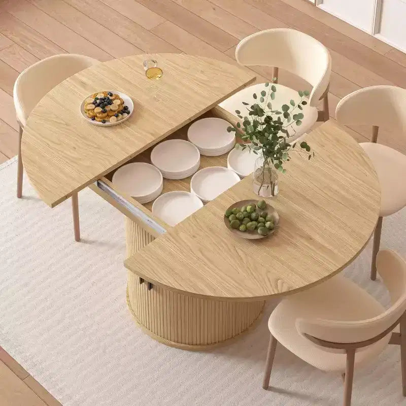 Tavolo allungabile rotondo da cucina e sala da pranzo da 63 con ripiano contenitore a 2 livelli e base a piedistallo, mobile da pranzo ovale e circolare in legno, color noce