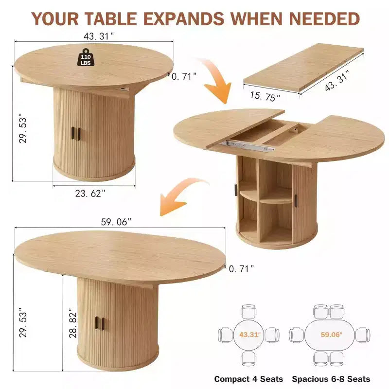 Tavolo allungabile rotondo da cucina e sala da pranzo da 63 con ripiano contenitore a 2 livelli e base a piedistallo, mobile da pranzo ovale e circolare in legno, color noce
